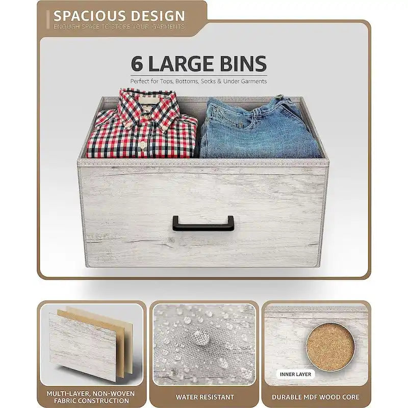 Commode en tissu à 6 tiroirs, cadre en acier, tiroirs pliables, style moderne, greige, 1 unité