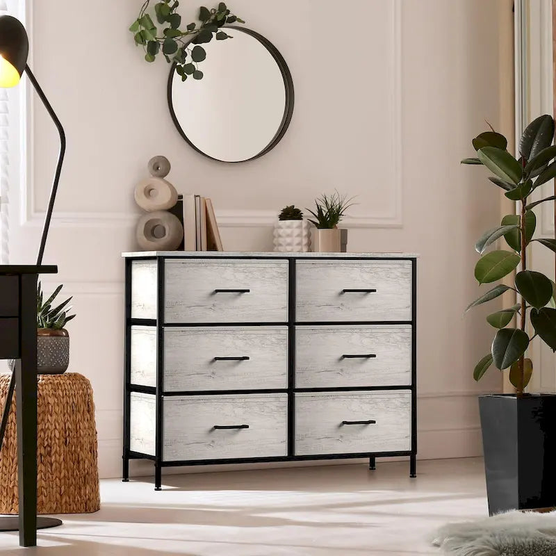 Commode en tissu à 6 tiroirs, cadre en acier, tiroirs pliables, style moderne, greige, 1 unité