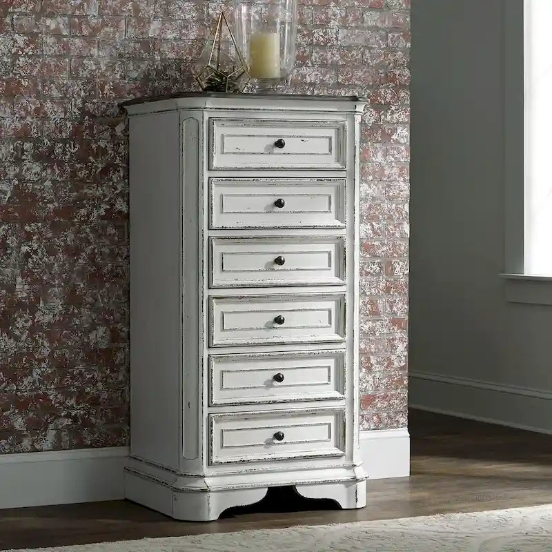 Semainier 6 tiroirs, style traditionnel européen, blanc antique/écorce vieillie, 1 unité