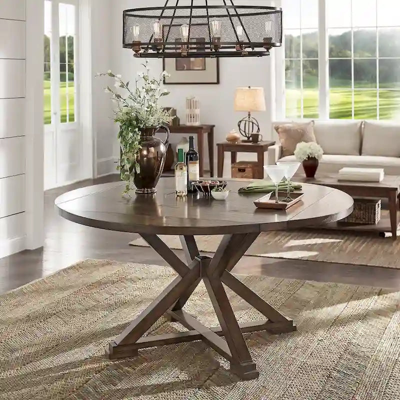 Table à manger ronde extensible, à abattants, avec plateau tournant, piètement piédestal en X, style ferme, couleur expresso, 4-6 places