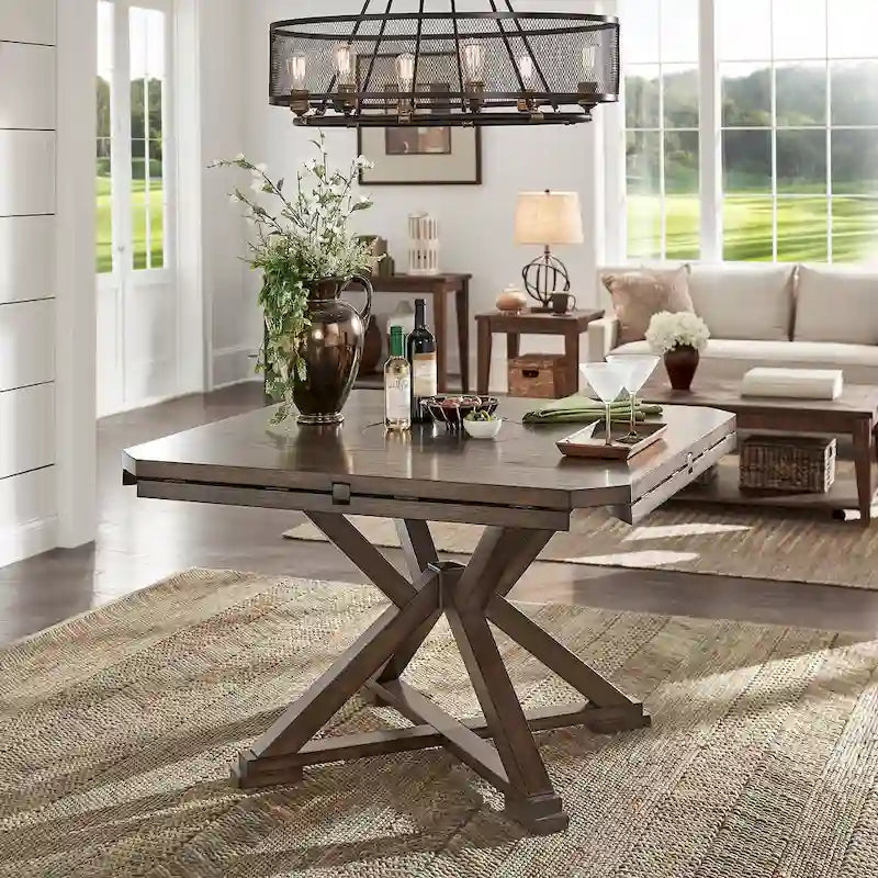 Table à manger ronde extensible, à abattants, avec plateau tournant, piètement piédestal en X, style ferme, couleur expresso, 4-6 places