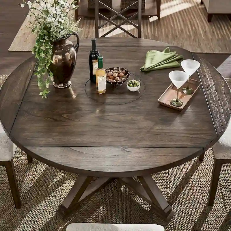 Table à manger ronde extensible, à abattants, avec plateau tournant, piètement piédestal en X, style ferme, couleur expresso, 4-6 places