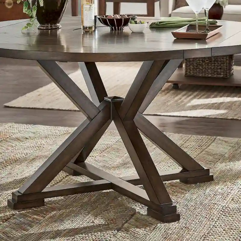 Table à manger ronde extensible, à abattants, avec plateau tournant, piètement piédestal en X, style ferme, couleur expresso, 4-6 places