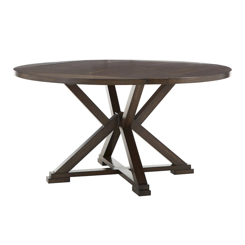Table à manger ronde extensible, à abattants, avec plateau tournant, piètement piédestal en X, style ferme, couleur expresso, 4-6 places