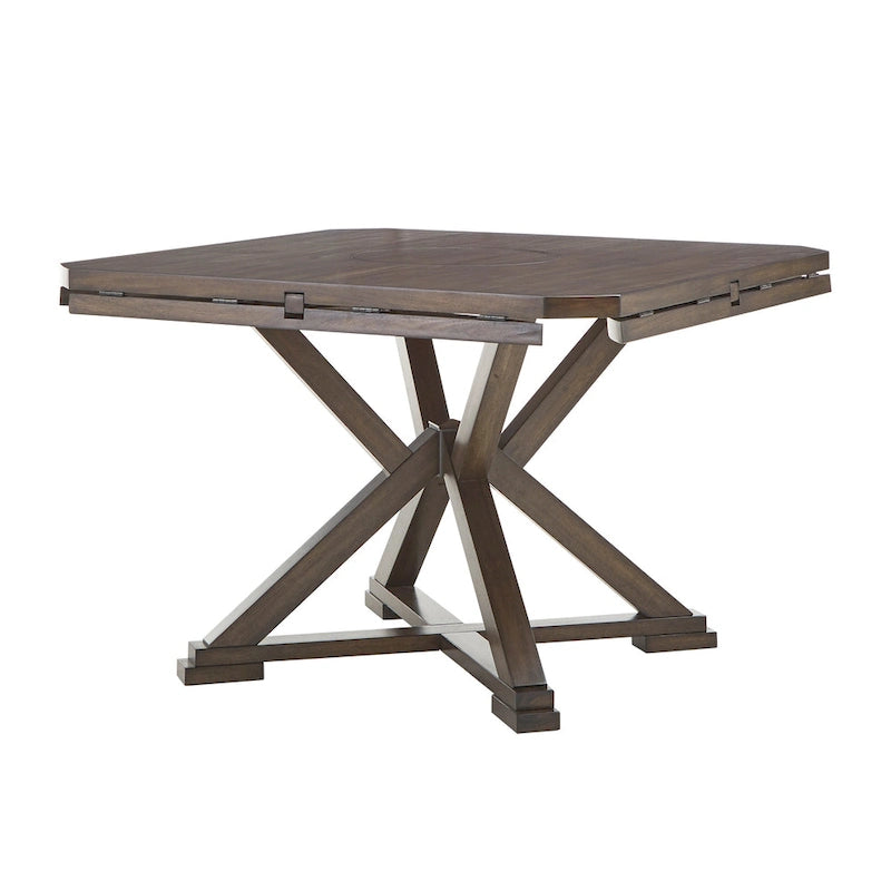 Table à manger ronde extensible, à abattants, avec plateau tournant, piètement piédestal en X, style ferme, couleur expresso, 4-6 places