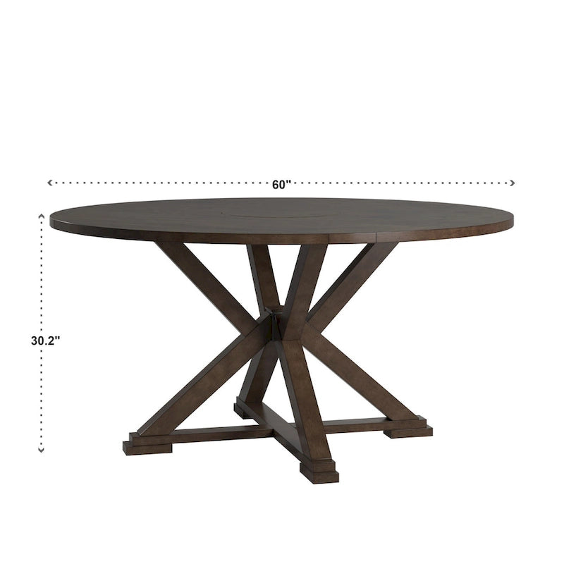 Table à manger ronde extensible, à abattants, avec plateau tournant, piètement piédestal en X, style ferme, couleur expresso, 4-6 places