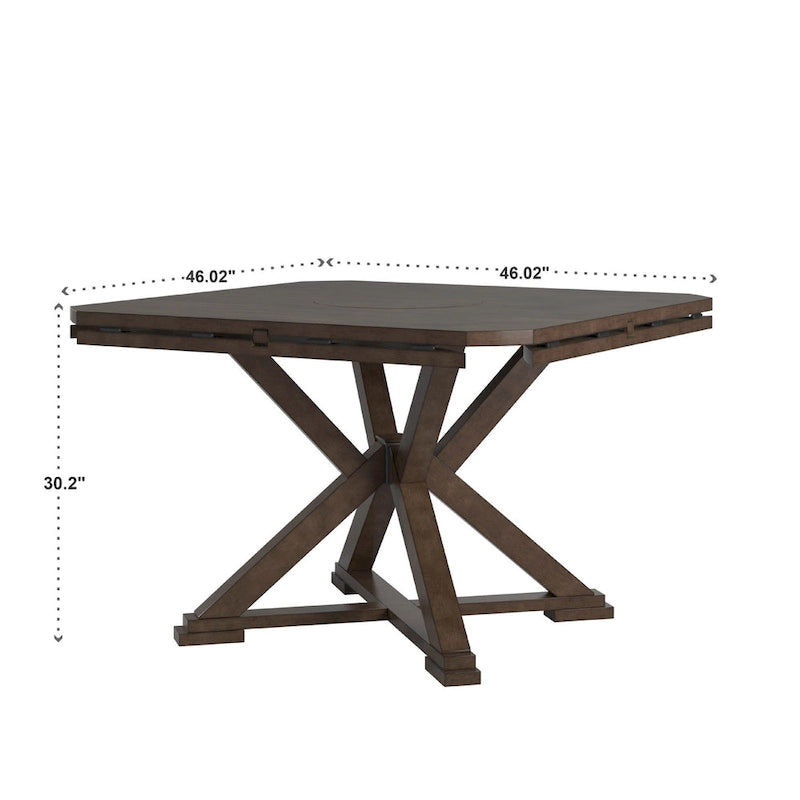 Table à manger ronde extensible, à abattants, avec plateau tournant, piètement piédestal en X, style ferme, couleur expresso, 4-6 places