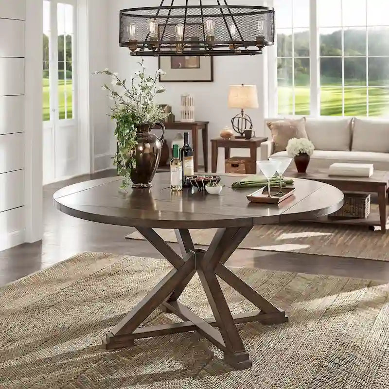 Table à manger ronde extensible, à abattants, avec plateau tournant, piètement piédestal en X, style ferme, couleur expresso, 4-6 places
