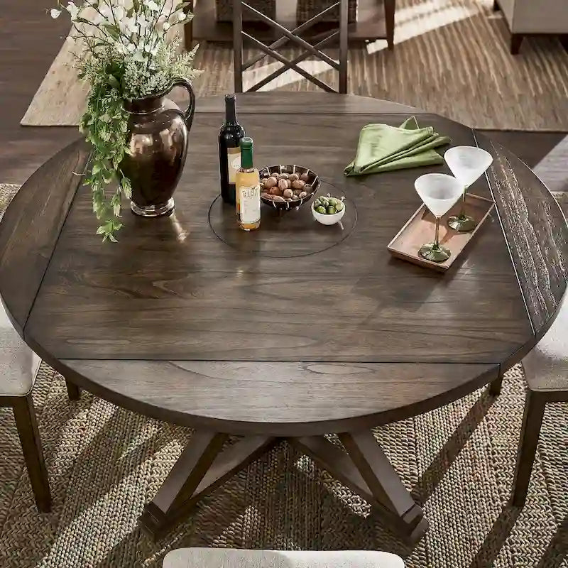 Table à manger ronde extensible, à abattants, avec plateau tournant, piètement piédestal en X, style ferme, couleur expresso, 4-6 places
