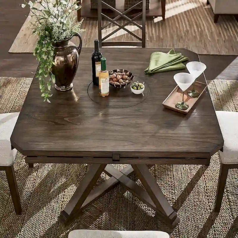 Table à manger ronde extensible, à abattants, avec plateau tournant, piètement piédestal en X, style ferme, couleur expresso, 4-6 places