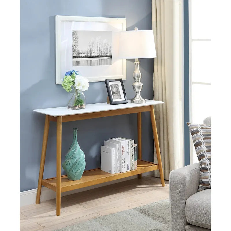 Console, plateau laqué brillant, étagère inférieure, style milieu de siècle, blanc, 1 unité