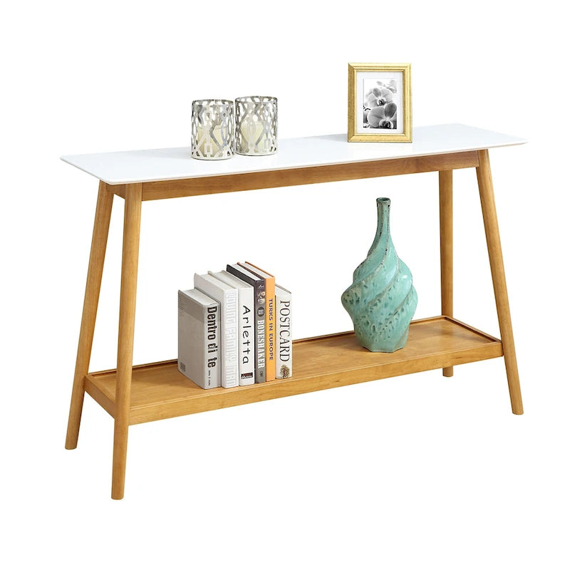 Console, plateau laqué brillant, étagère inférieure, style milieu de siècle, blanc, 1 unité