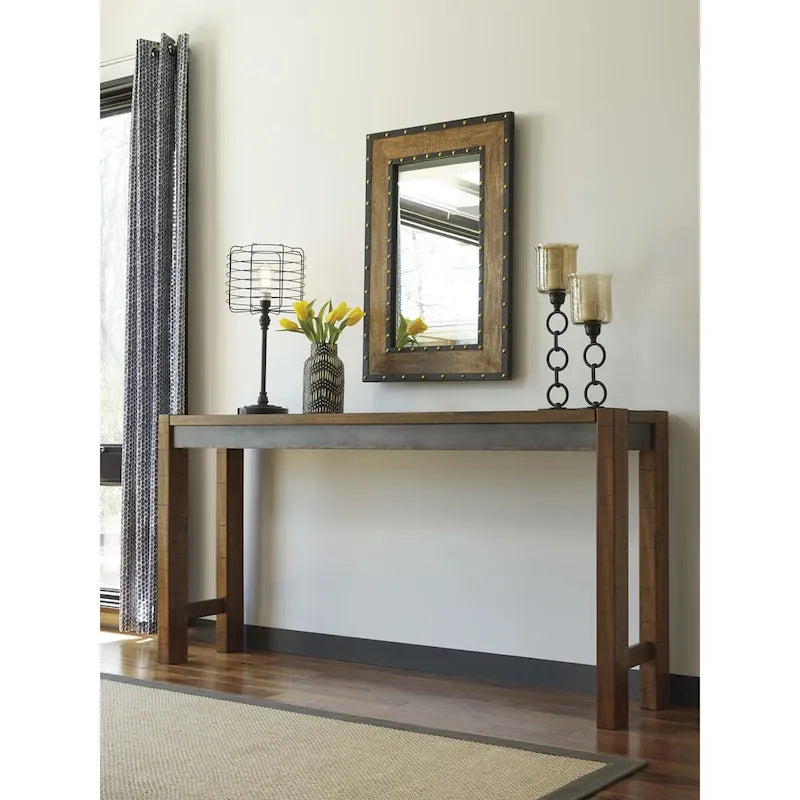 Table de bar 183 cm, plateau placage acacia, piétement métal canon de fusil, style industriel, brun vieilli, 4 places