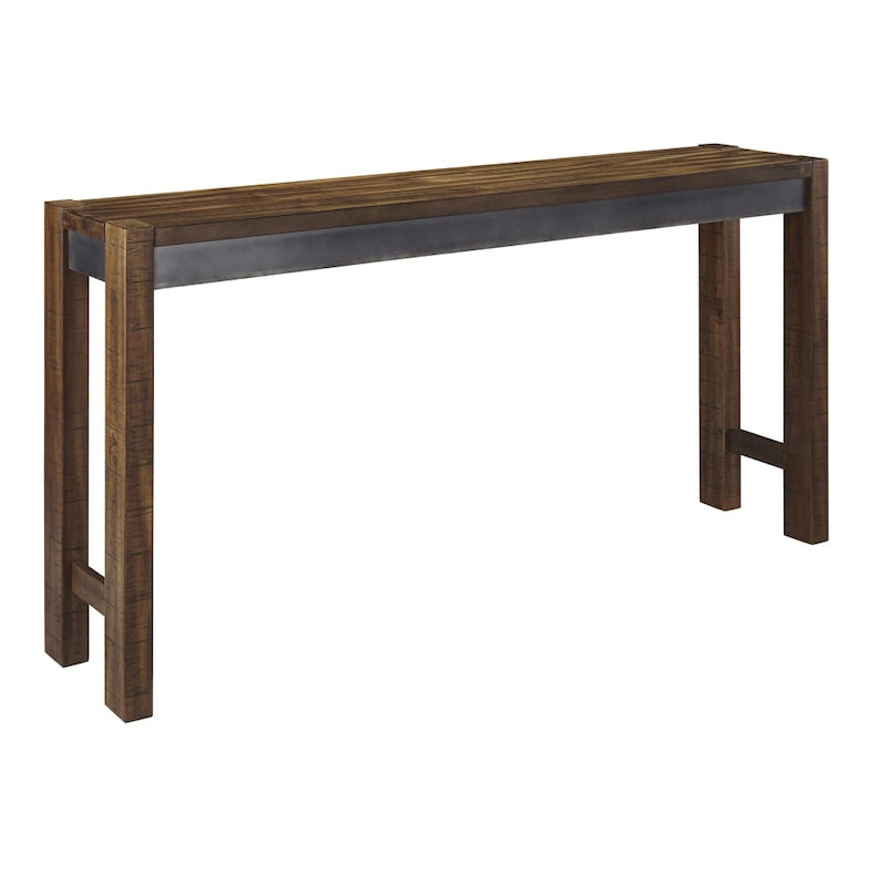 Table de bar 183 cm, plateau placage acacia, piétement métal canon de fusil, style industriel, brun vieilli, 4 places