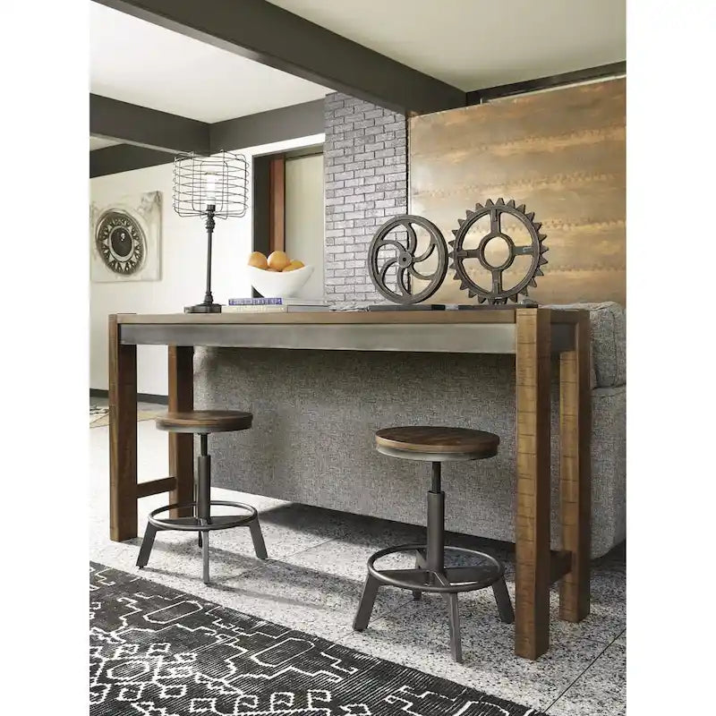 Table de bar 183 cm, plateau placage acacia, piétement métal canon de fusil, style industriel, brun vieilli, 4 places