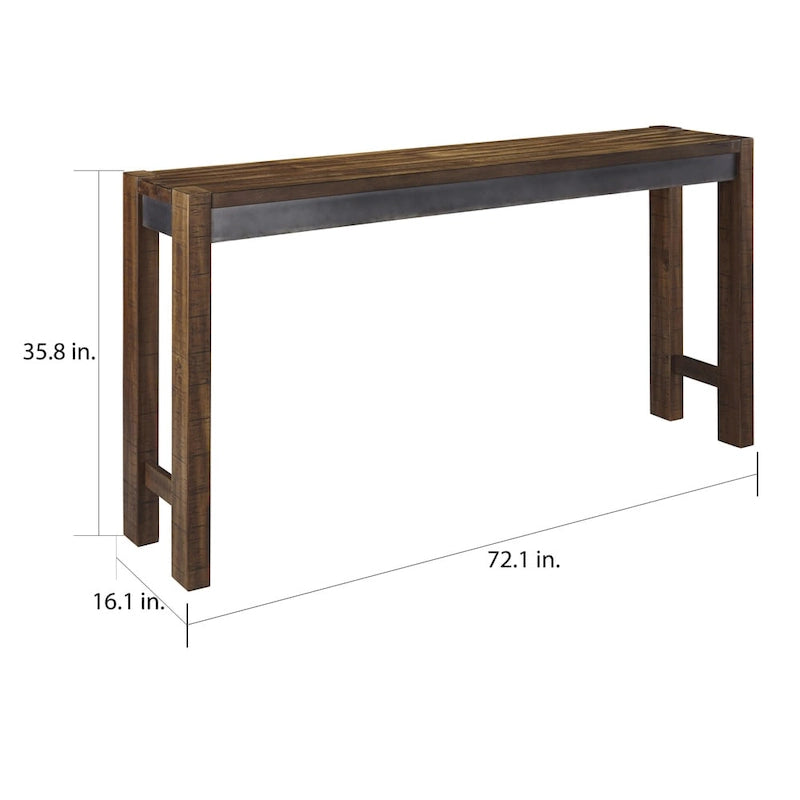 Table de bar 183 cm, plateau placage acacia, piétement métal canon de fusil, style industriel, brun vieilli, 4 places