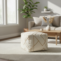 Pouf carré de 45 cm, Laine et jute tissées à la main, Rembourrage billes, Style transitoire, Ivoire, 1 unité