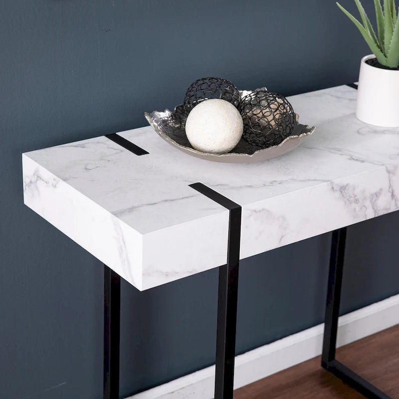Table console, plateau en faux marbre, pieds en fer, style contemporain, blanc/noir, 1 unité