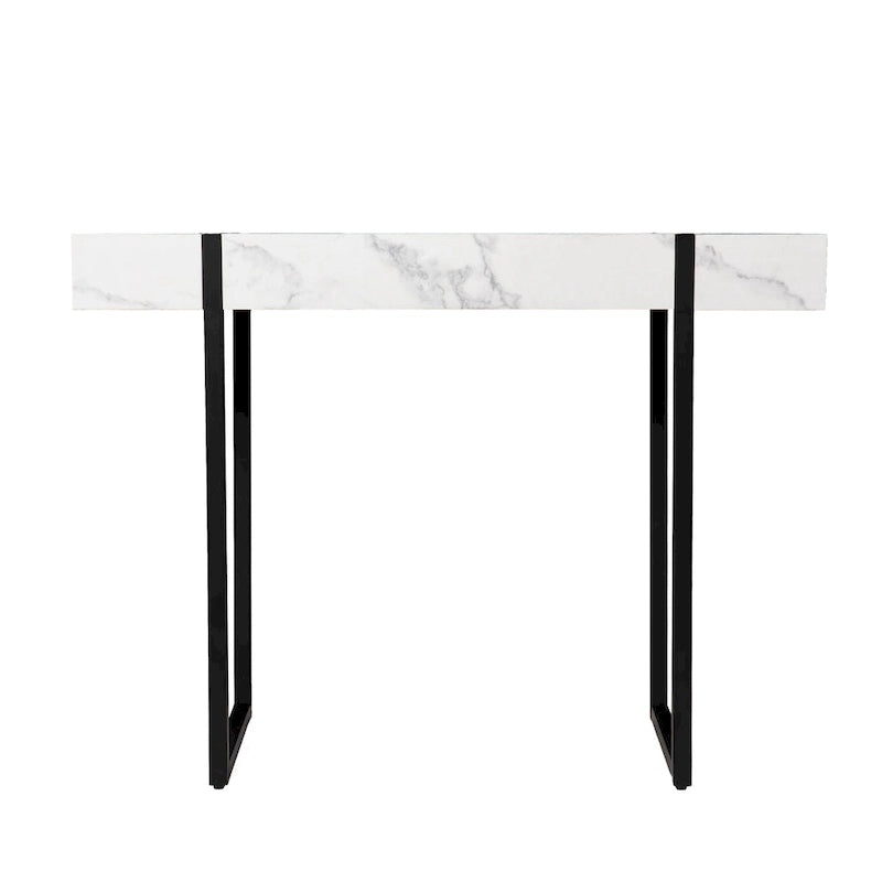 Table console, plateau en faux marbre, pieds en fer, style contemporain, blanc/noir, 1 unité