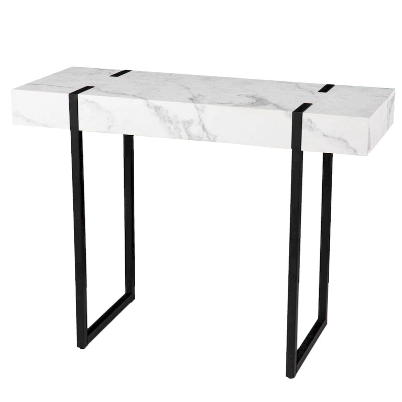 Table console, plateau en faux marbre, pieds en fer, style contemporain, blanc/noir, 1 unité