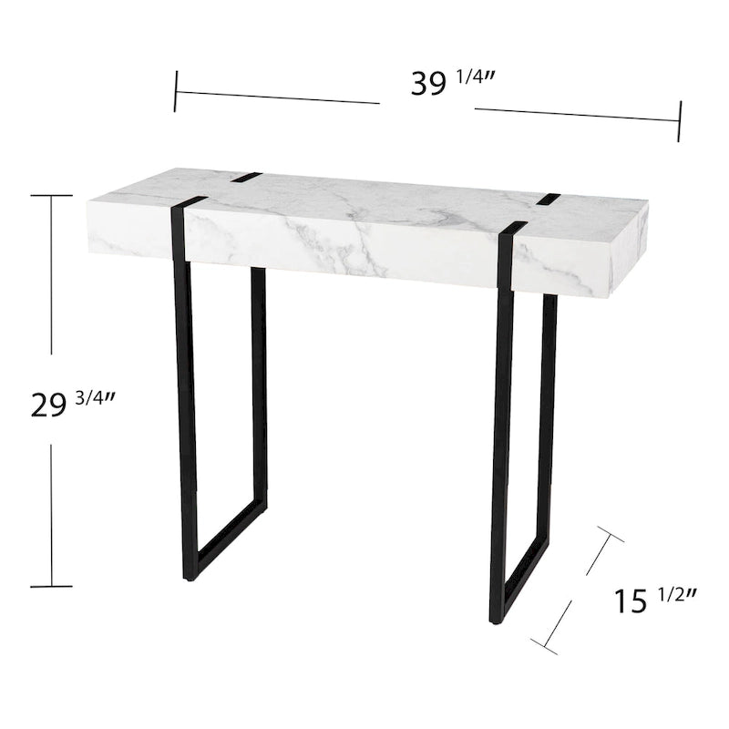 Table console, plateau en faux marbre, pieds en fer, style contemporain, blanc/noir, 1 unité