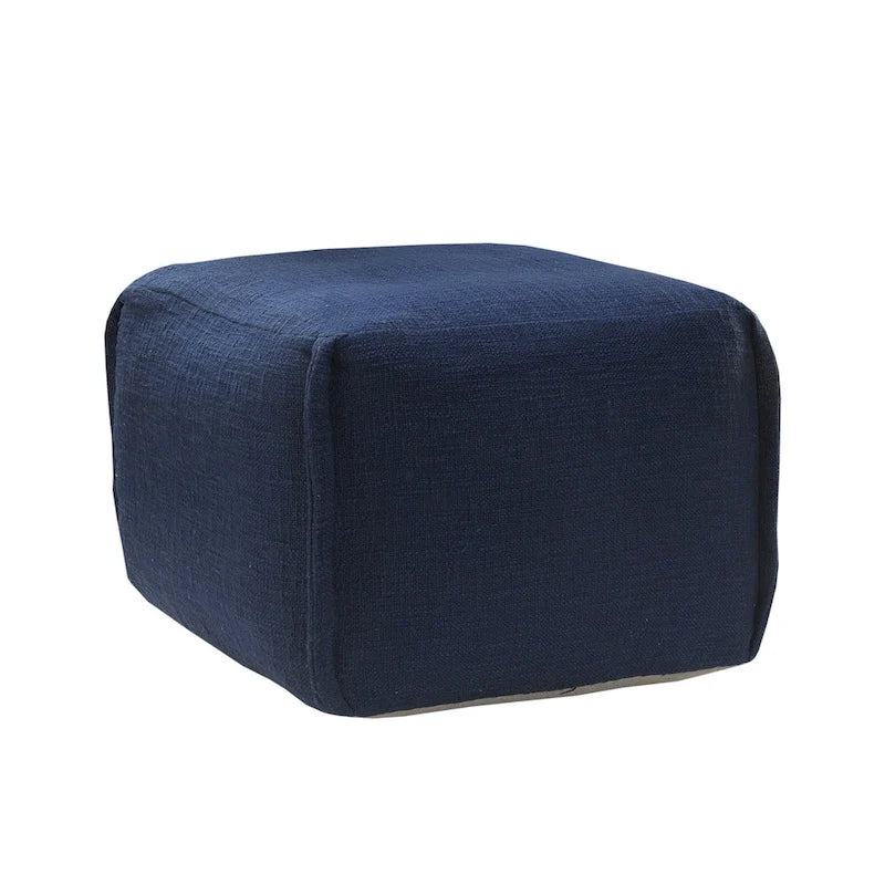 Pouf carré, texture plissée, 100 % coton, remplissage de billes EPS, fait à la main, bleu, 1 unité