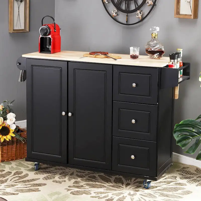 Desserte de cuisine roulante, dessus rabattable, 2 tiroirs, armoire, porte-bouteilles et porte-serviettes, 4 roulettes verrouillables, style traditionnel, marron / crème / noir / gris / blanc, 1 unité