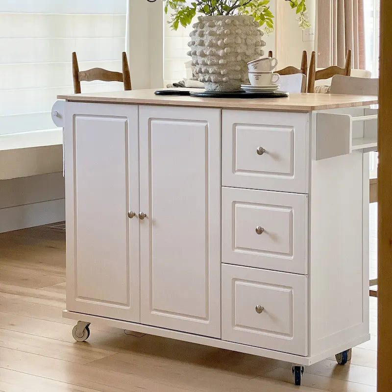 Desserte de cuisine roulante, dessus rabattable, 2 tiroirs, armoire, porte-bouteilles et porte-serviettes, 4 roulettes verrouillables, style traditionnel, marron / crème / noir / gris / blanc, 1 unité
