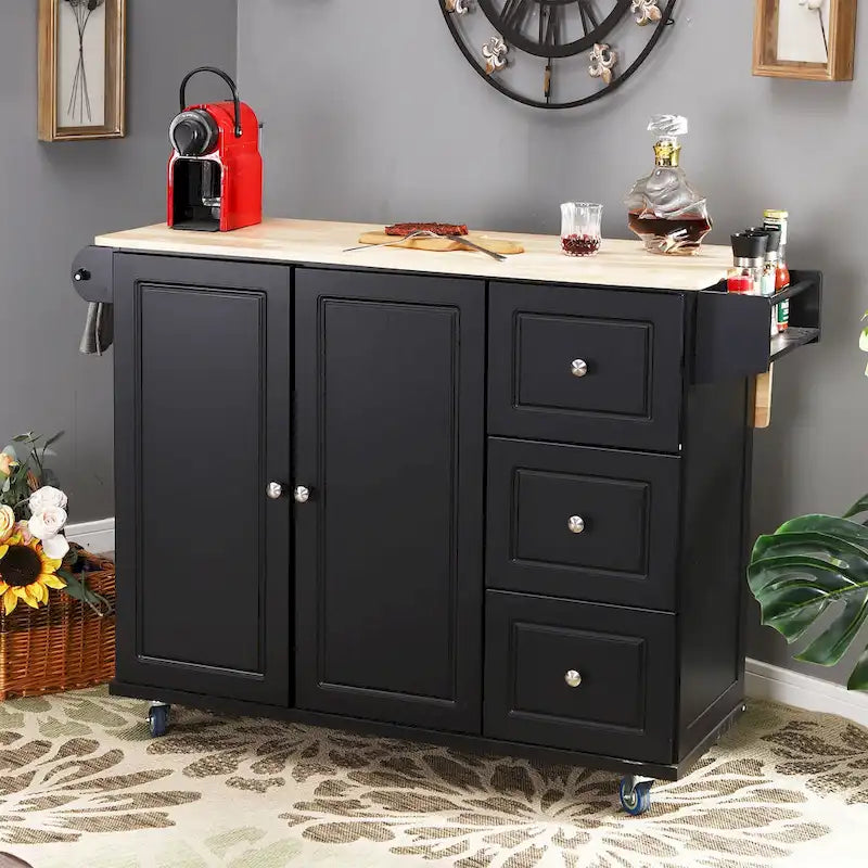 Desserte de cuisine roulante, dessus rabattable, 2 tiroirs, armoire, porte-bouteilles et porte-serviettes, 4 roulettes verrouillables, style traditionnel, marron / crème / noir / gris / blanc, 1 unité