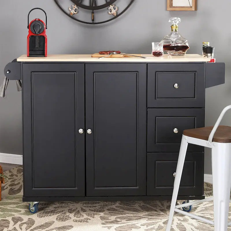 Desserte de cuisine roulante, dessus rabattable, 2 tiroirs, armoire, porte-bouteilles et porte-serviettes, 4 roulettes verrouillables, style traditionnel, marron / crème / noir / gris / blanc, 1 unité