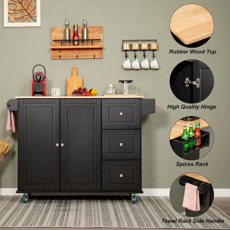 Desserte de cuisine roulante, dessus rabattable, 2 tiroirs, armoire, porte-bouteilles et porte-serviettes, 4 roulettes verrouillables, style traditionnel, marron / crème / noir / gris / blanc, 1 unité