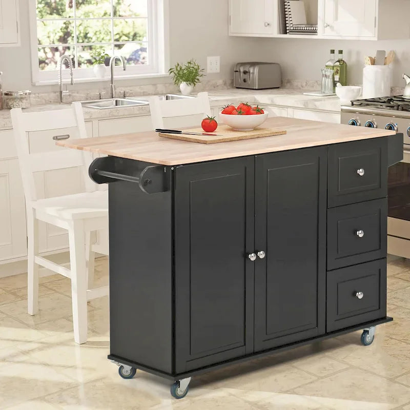 Desserte de cuisine roulante, dessus rabattable, 2 tiroirs, armoire, porte-bouteilles et porte-serviettes, 4 roulettes verrouillables, style traditionnel, marron / crème / noir / gris / blanc, 1 unité