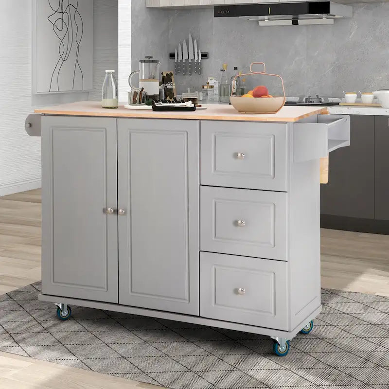Desserte de cuisine roulante, dessus rabattable, 2 tiroirs, armoire, porte-bouteilles et porte-serviettes, 4 roulettes verrouillables, style traditionnel, marron / crème / noir / gris / blanc, 1 unité