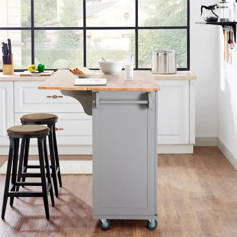 Desserte de cuisine roulante, dessus rabattable, 2 tiroirs, armoire, porte-bouteilles et porte-serviettes, 4 roulettes verrouillables, style traditionnel, marron / crème / noir / gris / blanc, 1 unité