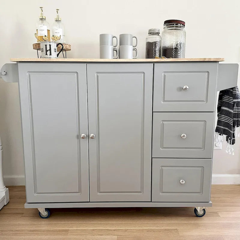 Desserte de cuisine roulante, dessus rabattable, 2 tiroirs, armoire, porte-bouteilles et porte-serviettes, 4 roulettes verrouillables, style traditionnel, marron / crème / noir / gris / blanc, 1 unité