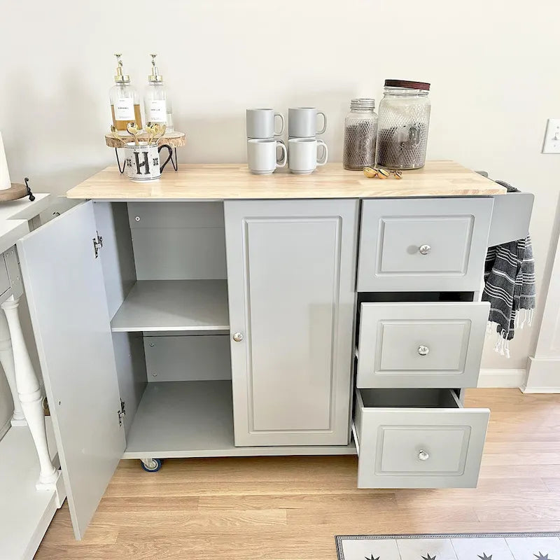 Desserte de cuisine roulante, dessus rabattable, 2 tiroirs, armoire, porte-bouteilles et porte-serviettes, 4 roulettes verrouillables, style traditionnel, marron / crème / noir / gris / blanc, 1 unité