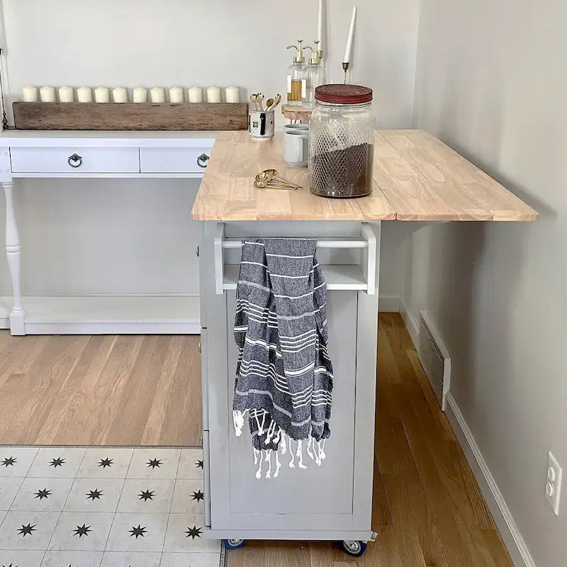 Desserte de cuisine roulante, dessus rabattable, 2 tiroirs, armoire, porte-bouteilles et porte-serviettes, 4 roulettes verrouillables, style traditionnel, marron / crème / noir / gris / blanc, 1 unité
