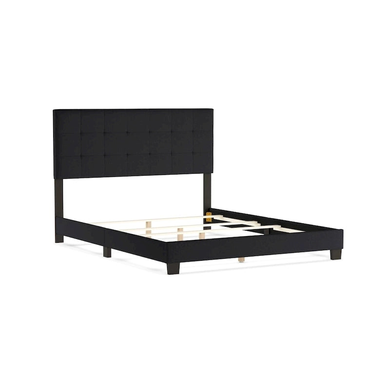 Lit à panneaux rembourrés, tête de lit capitonnée quadrillée, cadre en hévéa et MDF, style contemporain, gris anthracite, double / grand / très grand, 2 personnes