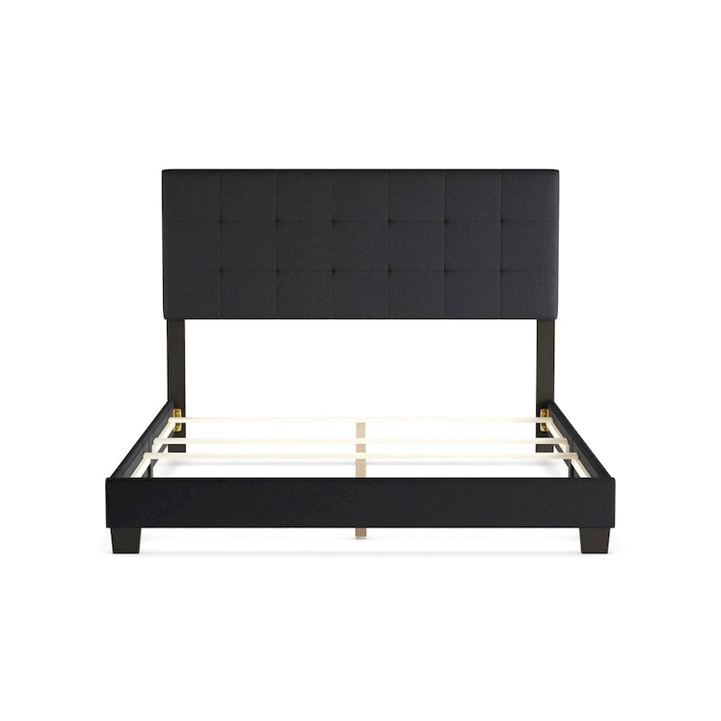 Lit à panneaux rembourrés, tête de lit capitonnée quadrillée, cadre en hévéa et MDF, style contemporain, gris anthracite, double / grand / très grand, 2 personnes
