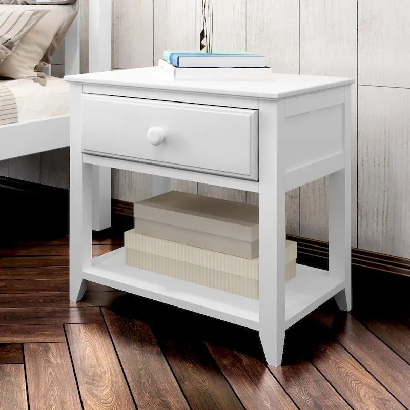 Table de chevet 1 tiroir avec étagère, pin massif, style classique, blanc, 1 unité