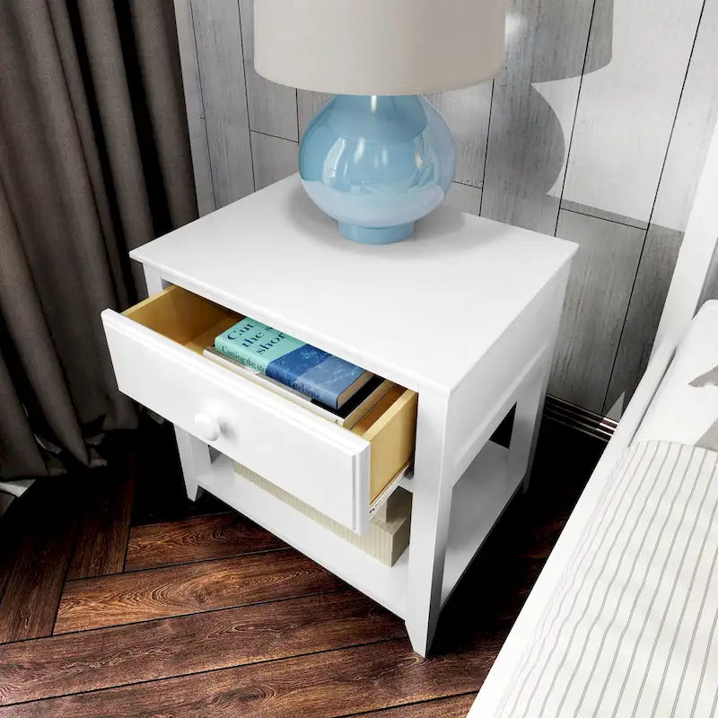 Table de chevet 1 tiroir avec étagère, pin massif, style classique, blanc, 1 unité