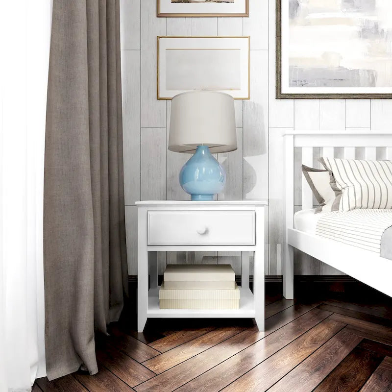 Table de chevet 1 tiroir avec étagère, pin massif, style classique, blanc, 1 unité