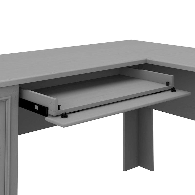 Ensemble bureau d'angle en L 60" et armoire de rangement 2 portes, tiroir classeur, tablette à clavier, portes à persiennes, style campagnard, blanc antique / gris Cape Cod / noir antique / gris Shiplap, 1 personne