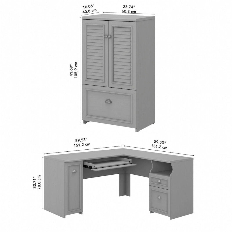 Ensemble bureau d'angle en L 60" et armoire de rangement 2 portes, tiroir classeur, tablette à clavier, portes à persiennes, style campagnard, blanc antique / gris Cape Cod / noir antique / gris Shiplap, 1 personne