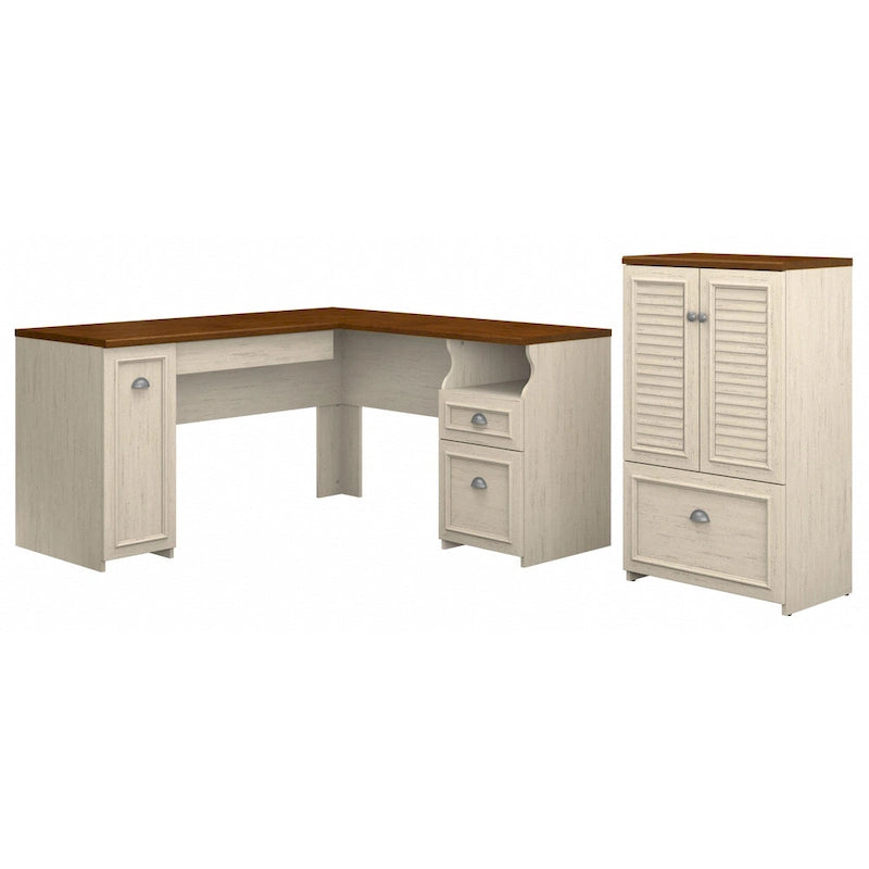 Ensemble bureau d'angle en L 60" et armoire de rangement 2 portes, tiroir classeur, tablette à clavier, portes à persiennes, style campagnard, blanc antique / gris Cape Cod / noir antique / gris Shiplap, 1 personne