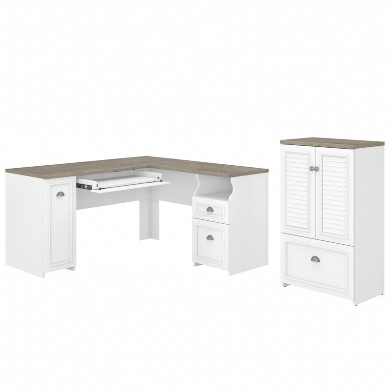 Ensemble bureau d'angle en L 60" et armoire de rangement 2 portes, tiroir classeur, tablette à clavier, portes à persiennes, style campagnard, blanc antique / gris Cape Cod / noir antique / gris Shiplap, 1 personne