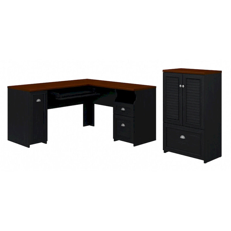 Ensemble bureau d'angle en L 60" et armoire de rangement 2 portes, tiroir classeur, tablette à clavier, portes à persiennes, style campagnard, blanc antique / gris Cape Cod / noir antique / gris Shiplap, 1 personne