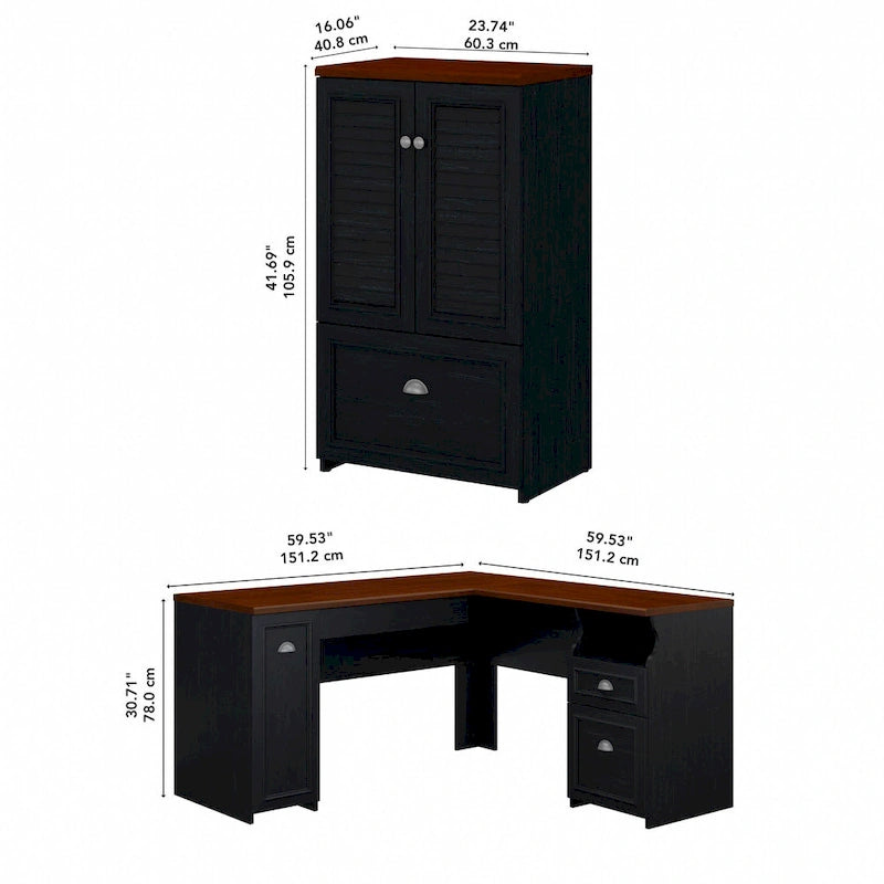 Ensemble bureau d'angle en L 60" et armoire de rangement 2 portes, tiroir classeur, tablette à clavier, portes à persiennes, style campagnard, blanc antique / gris Cape Cod / noir antique / gris Shiplap, 1 personne