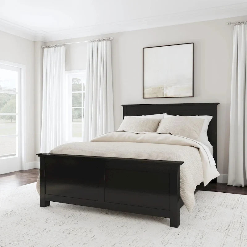Cadre de lit en bois Queen Size, tête de lit et pied de lit à double panneau, style classique, noir, 2 personnes