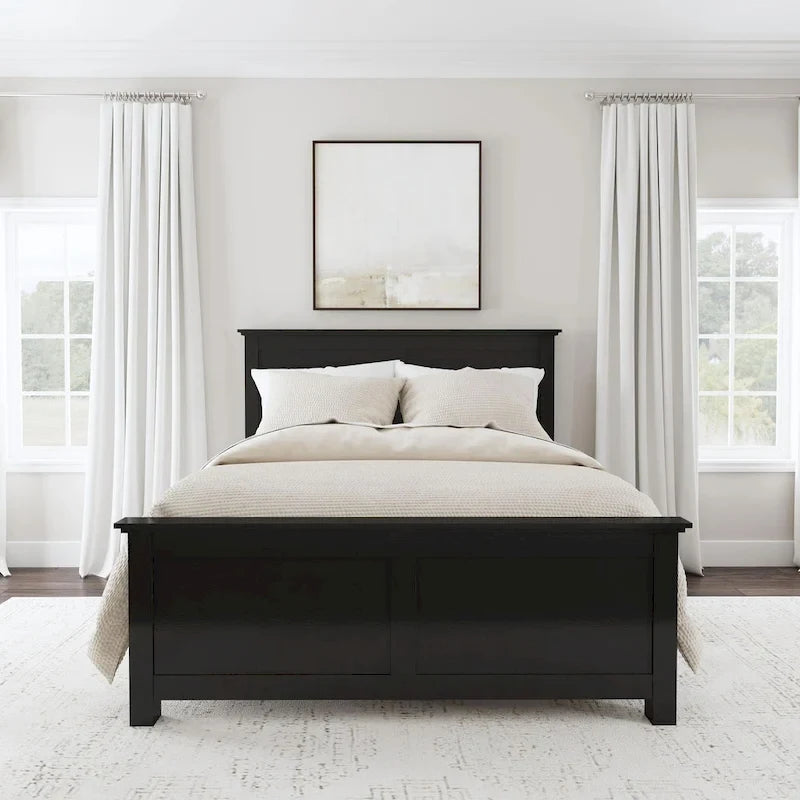 Cadre de lit en bois Queen Size, tête de lit et pied de lit à double panneau, style classique, noir, 2 personnes